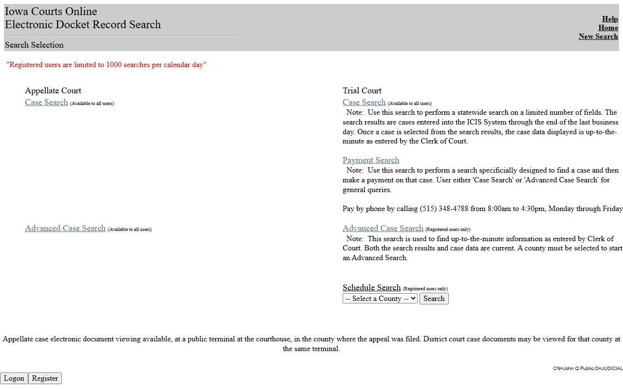Iowa Courts Online frame entry for Hardin County court records after arrest