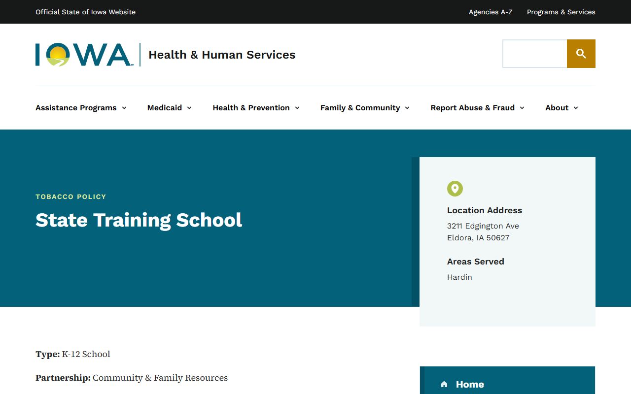 Iowa HHS State Training School location page for Hardin County juvenile facility records